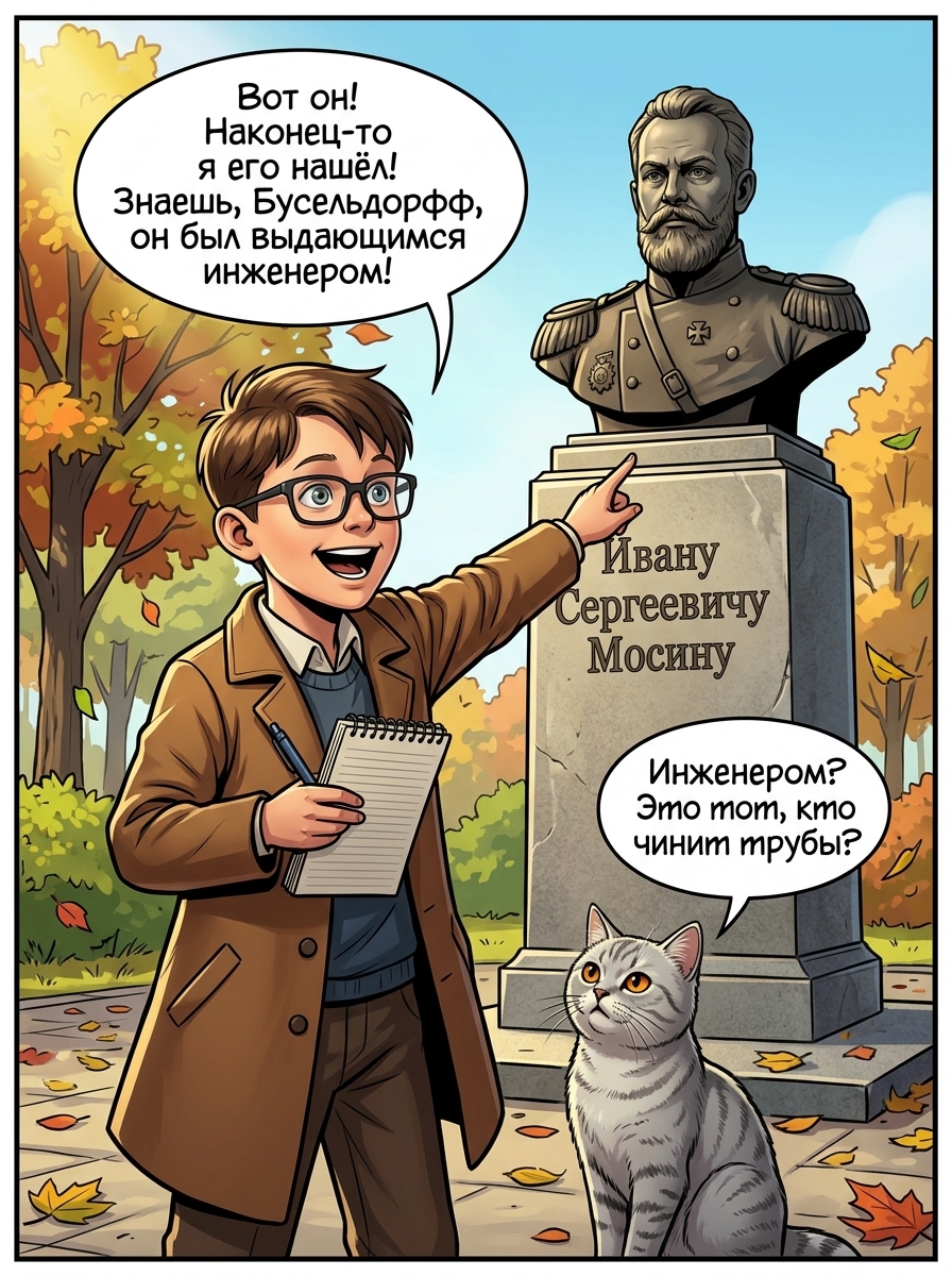 Юный краевед Дмитрий и серая кошка Бусельдорфф у памятника конструктору Ивану Мосину в Рамони. Страница 2