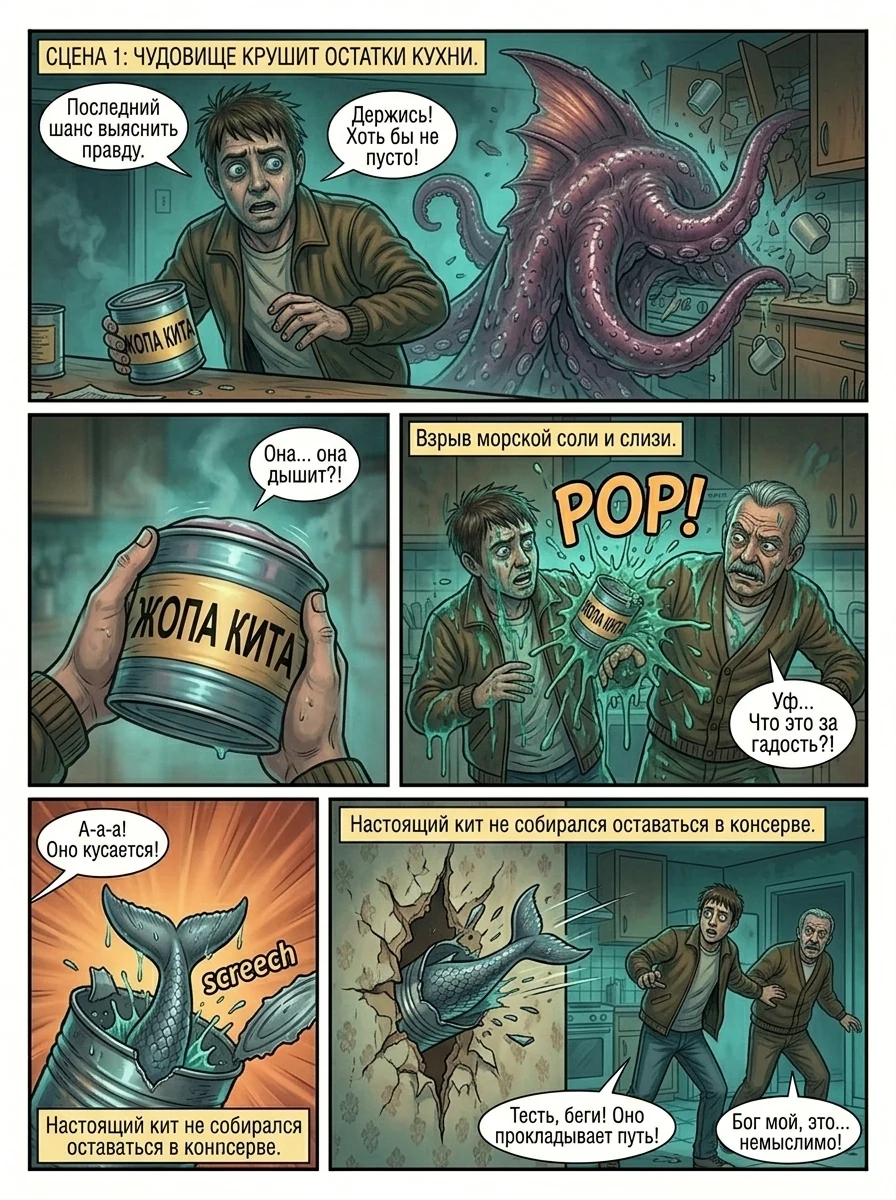 Сцена из аниме-комикса: мужчина открывает пустую консервную банку с надписью Жопа кита под скептическим взглядом тестя.. Страница 6
