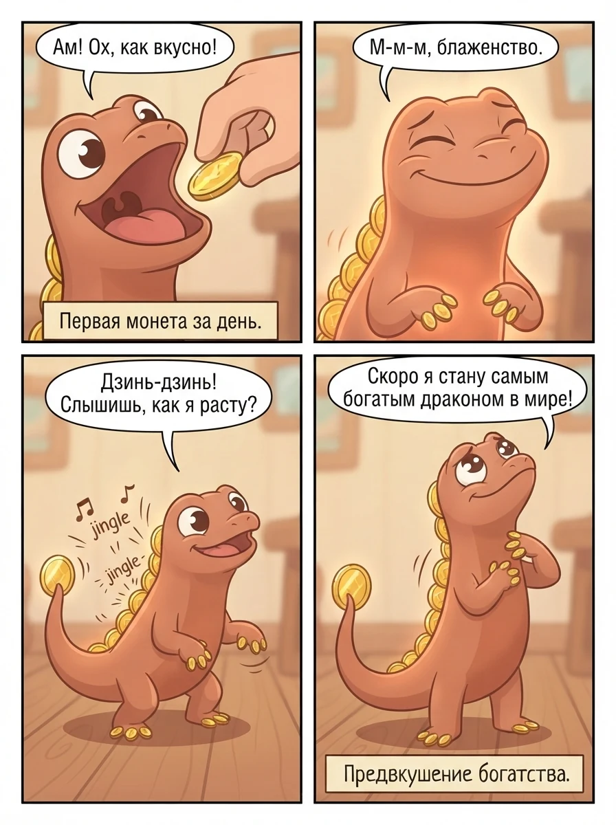 Грустный монетозавр с золотыми монетами на спине в мультяшном стиле. Страница 3