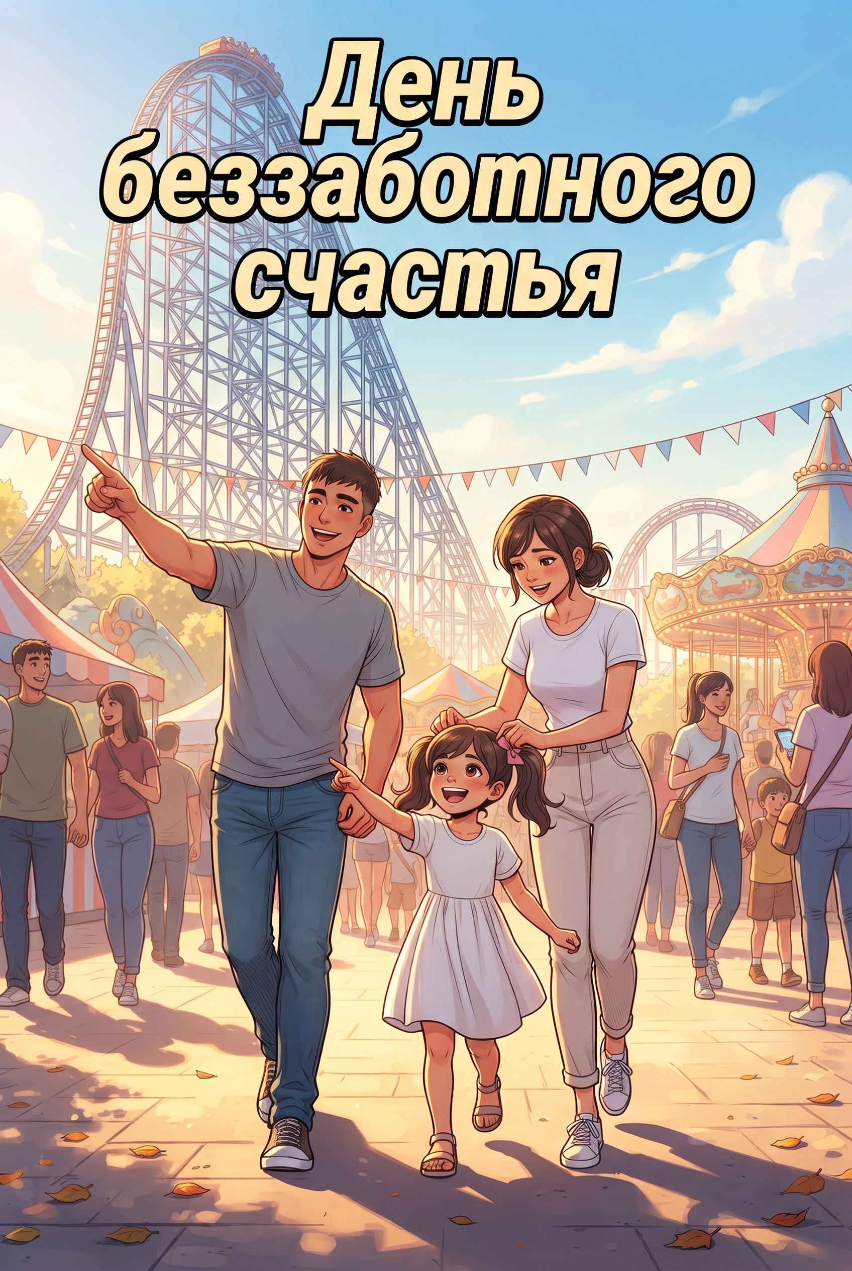 Молодая семья с маленькой дочкой гуляют по солнечному парку аттракционов. Страница 1
