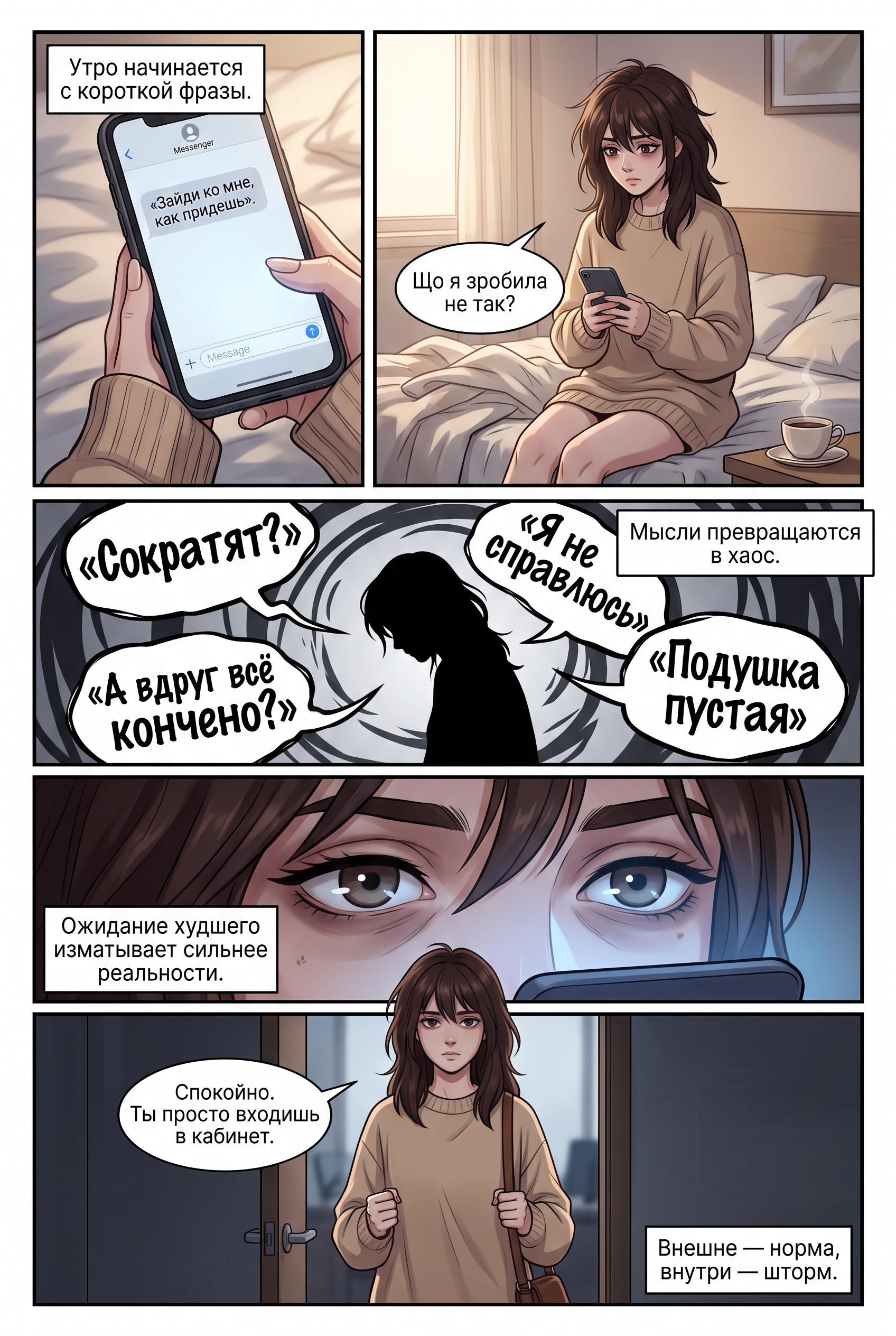 Девушка в свитере нервно смотрит в смартфон, испытывая приступ тревоги. Страница 2