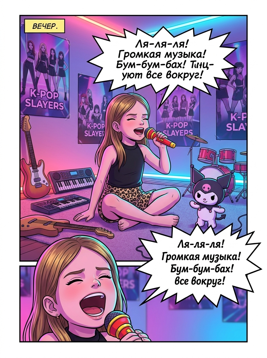 Маленькая девочка Линда поет в игрушечный микрофон на ковре рядом с плюшевой игрушкой Куроми. Страница 1