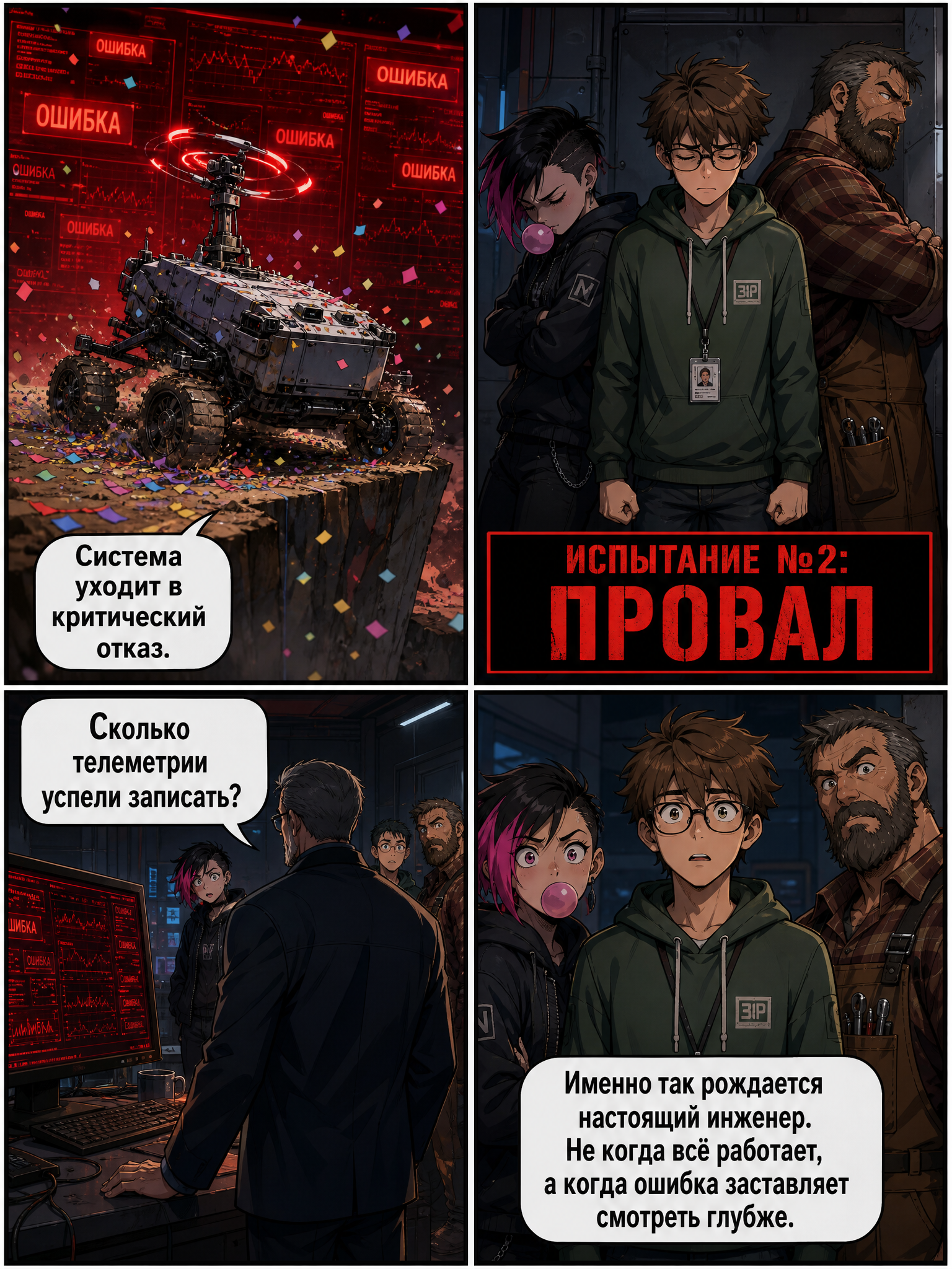 Главные герои комикса работают над инженерным проектом в высокотехнологичной лаборатории. Страница 12
