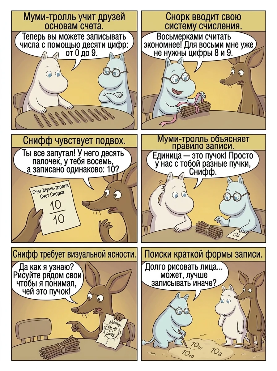Муми-мама дает совет Снусмумрику в уютной кухне Муми-дома. Страница 14