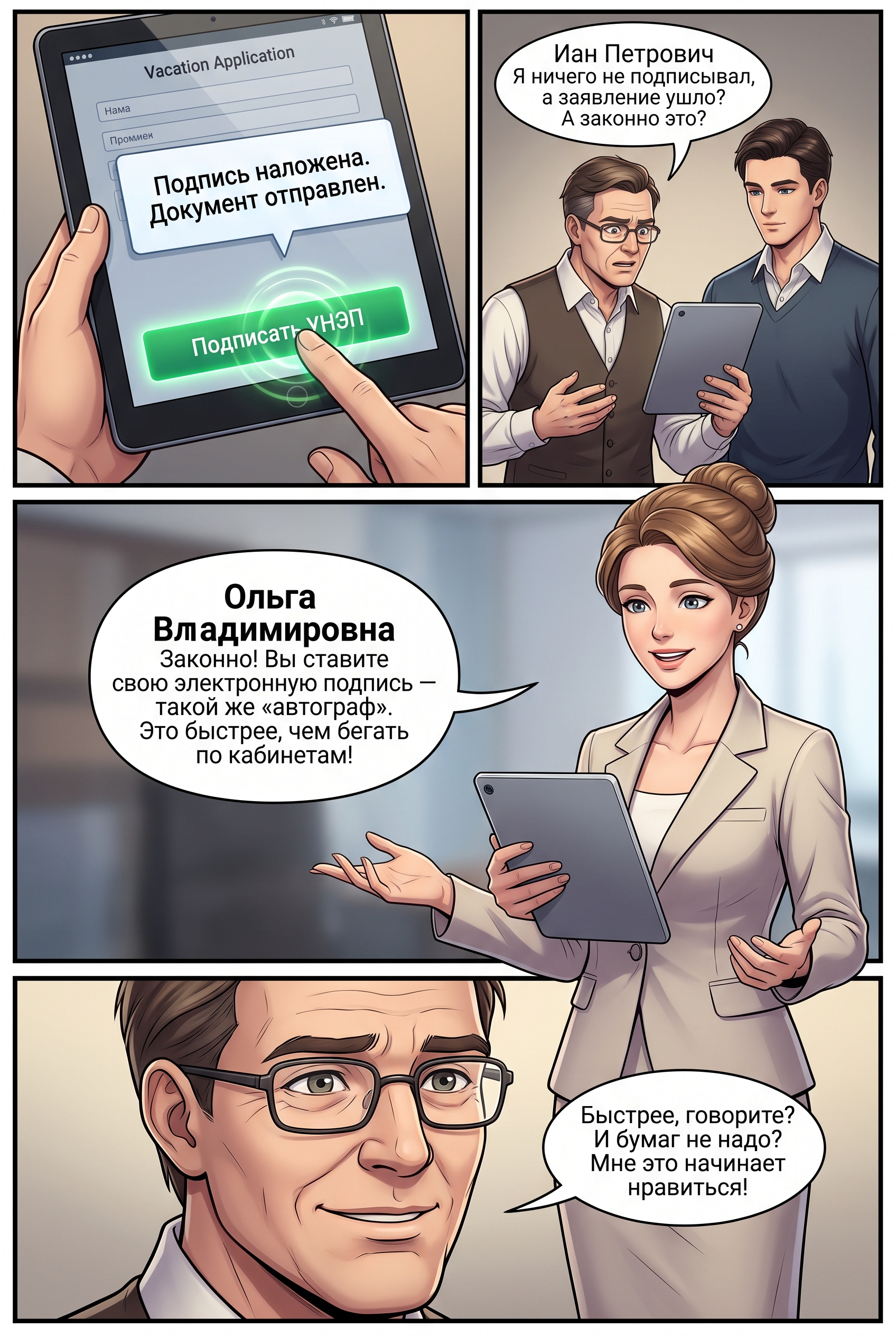 Комикс об оформлении электронного заявления на отпуск через планшет с использованием УНЭП. Страница 1