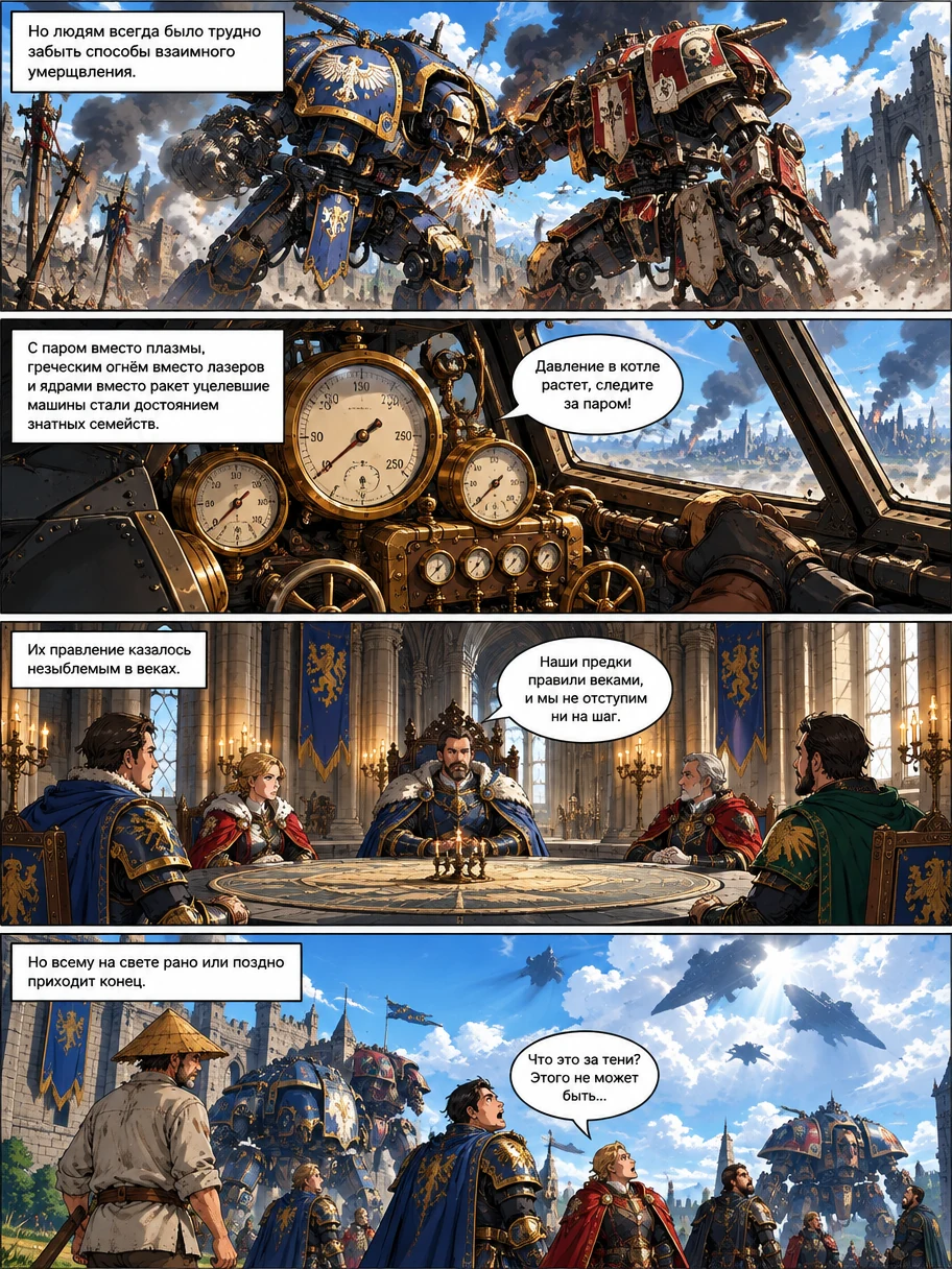 Сцена из аниме-комикса: фермер на фоне средневекового замка и дымящих фабричных труб. Страница 3