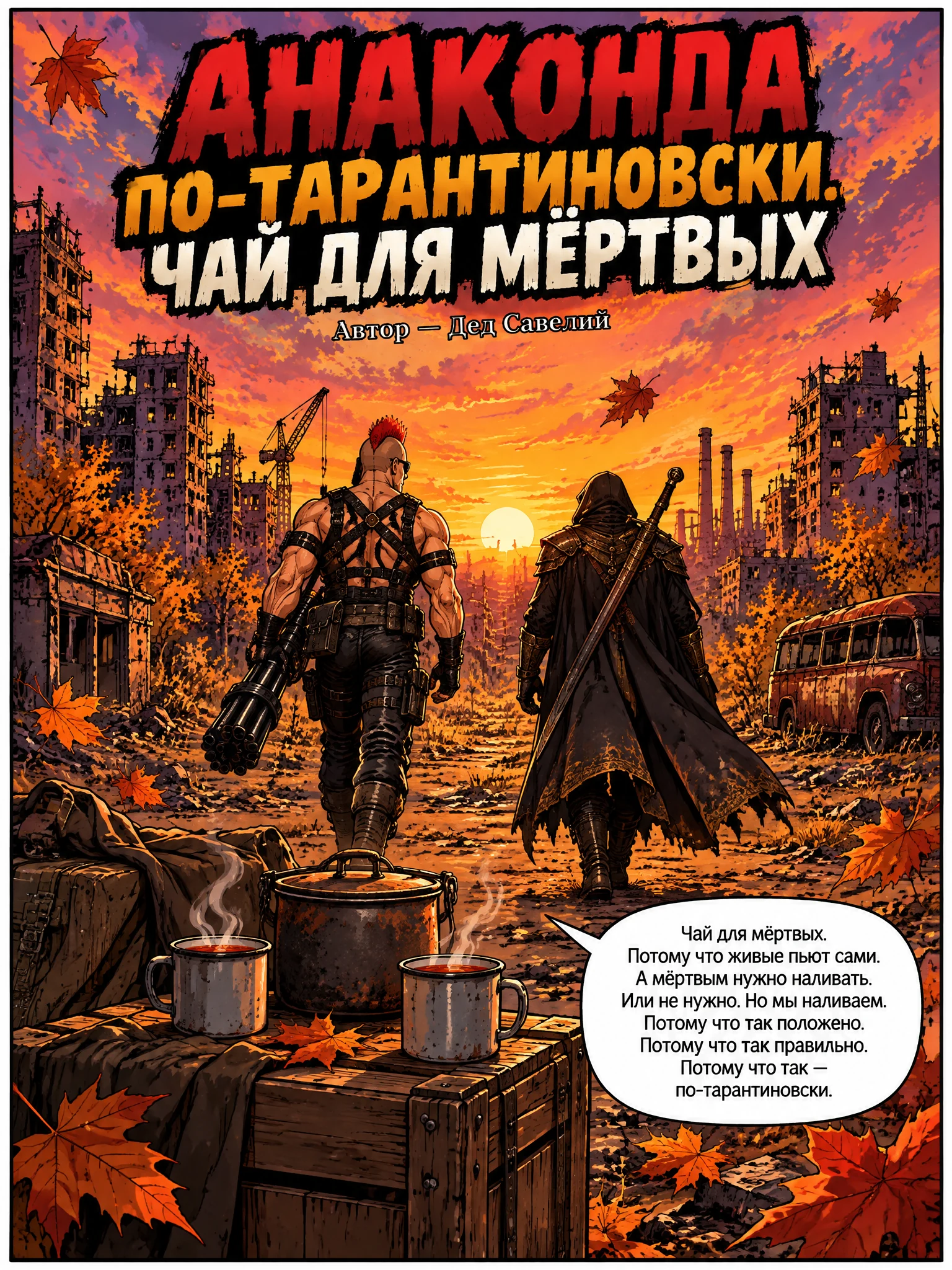Сталкер Анаконда в черном кожаном костюме с ирокезом и Мэня с двуручным мечом на фоне осеннего постапокалиптического города. Страница 14