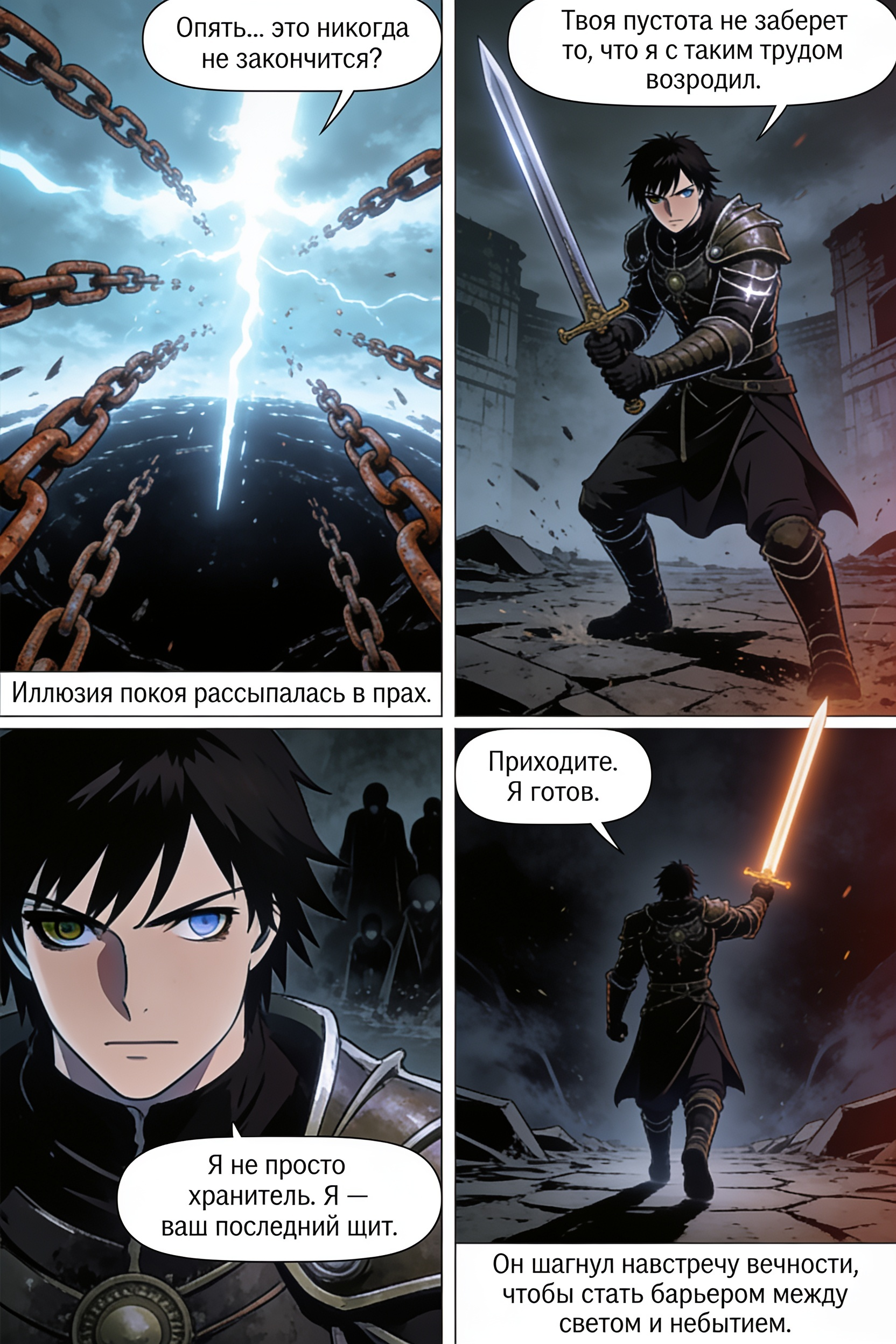Черный рыцарь в кожаных доспехах противостоит мистическим всадникам апокалипсиса в аниме-стиле. Страница 5