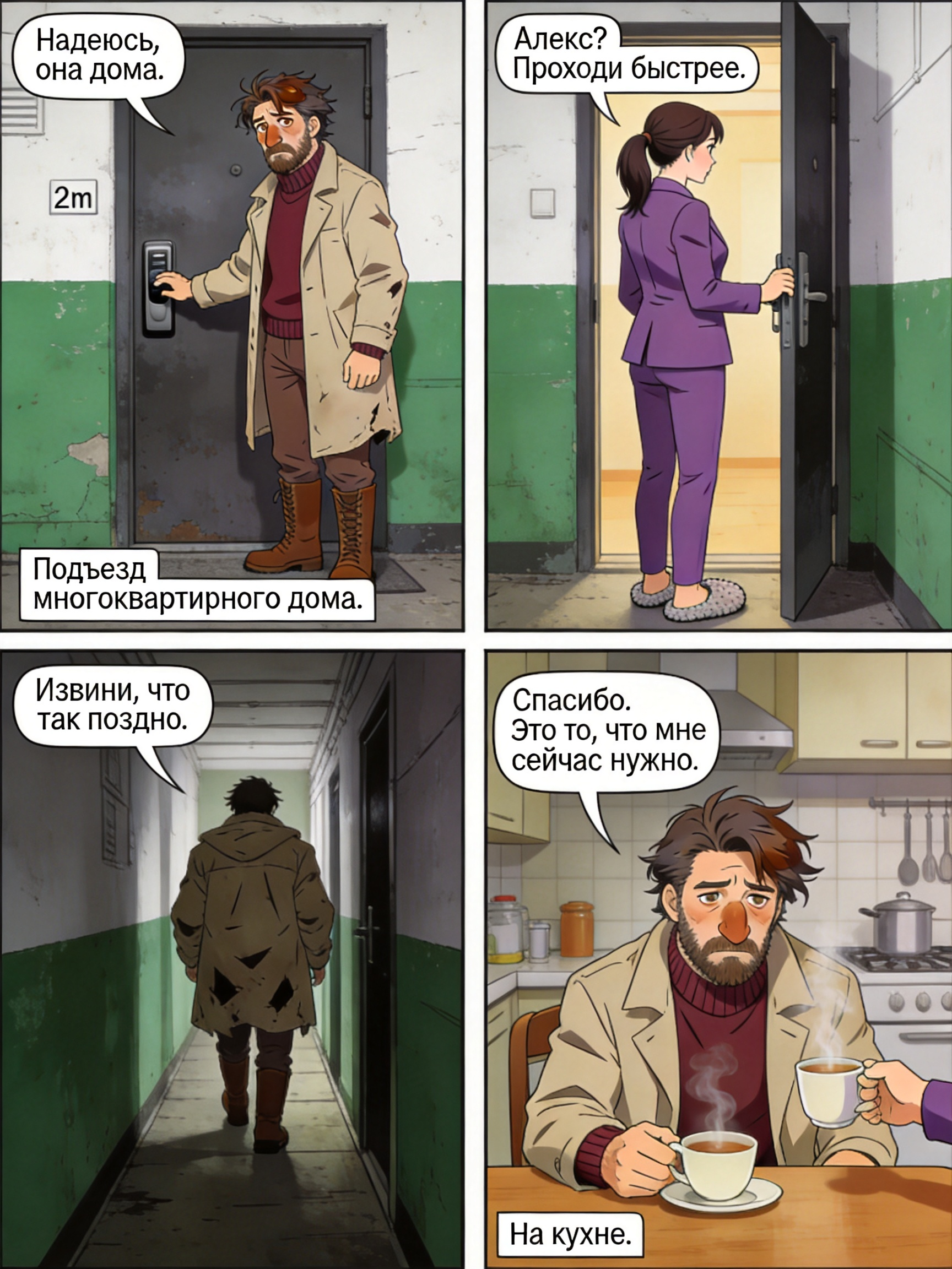 Уставший 36-летний мужчина в помятом бежевом плаще курит на ступеньках закрытой аптеки, аниме стиль. Страница 3