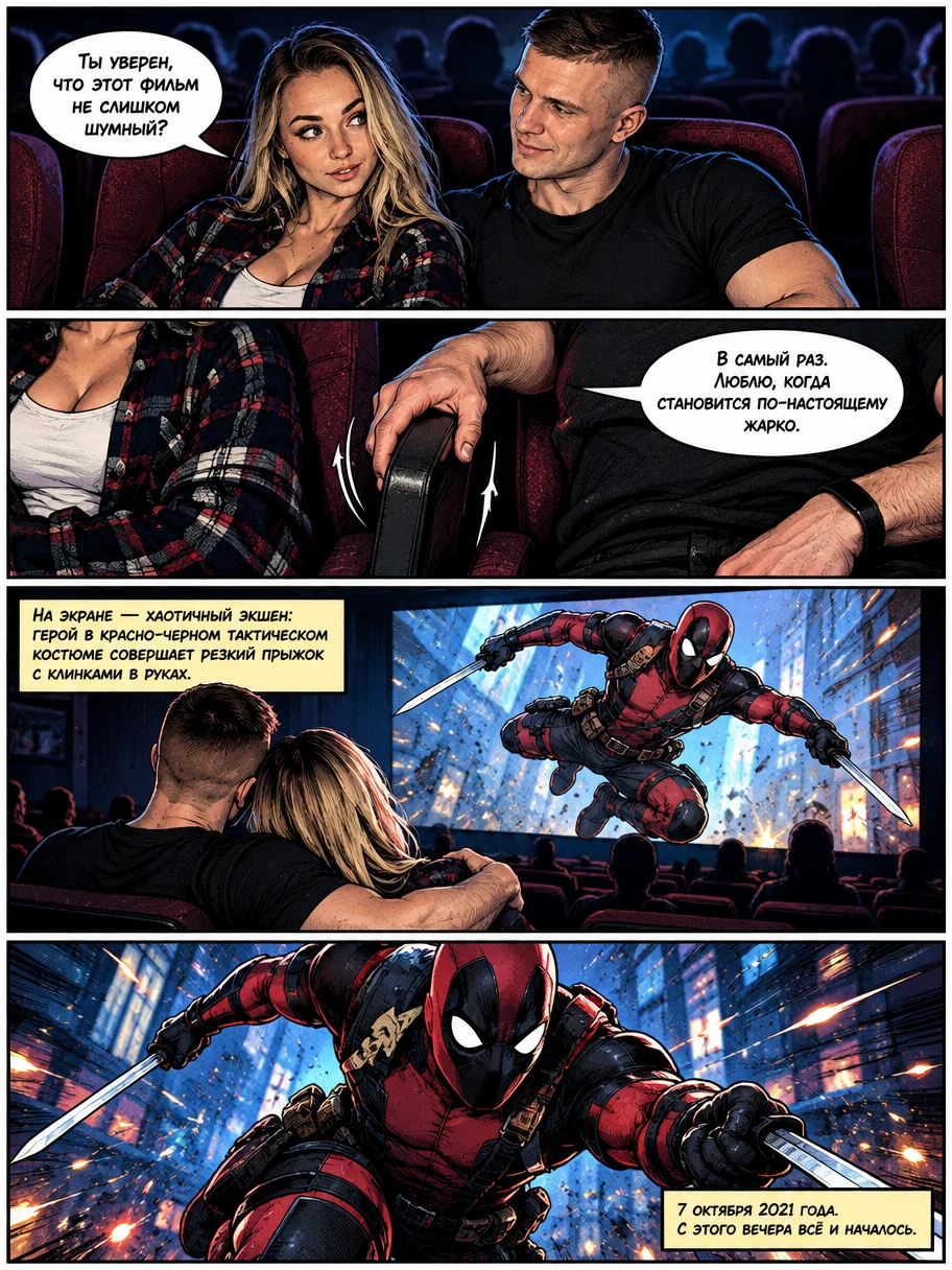Панель комикса в стиле Marvel с интерфейсом приложения для знакомств, где Сережа и Юля начинают диалог о супергеройских фильмах. Страница 3