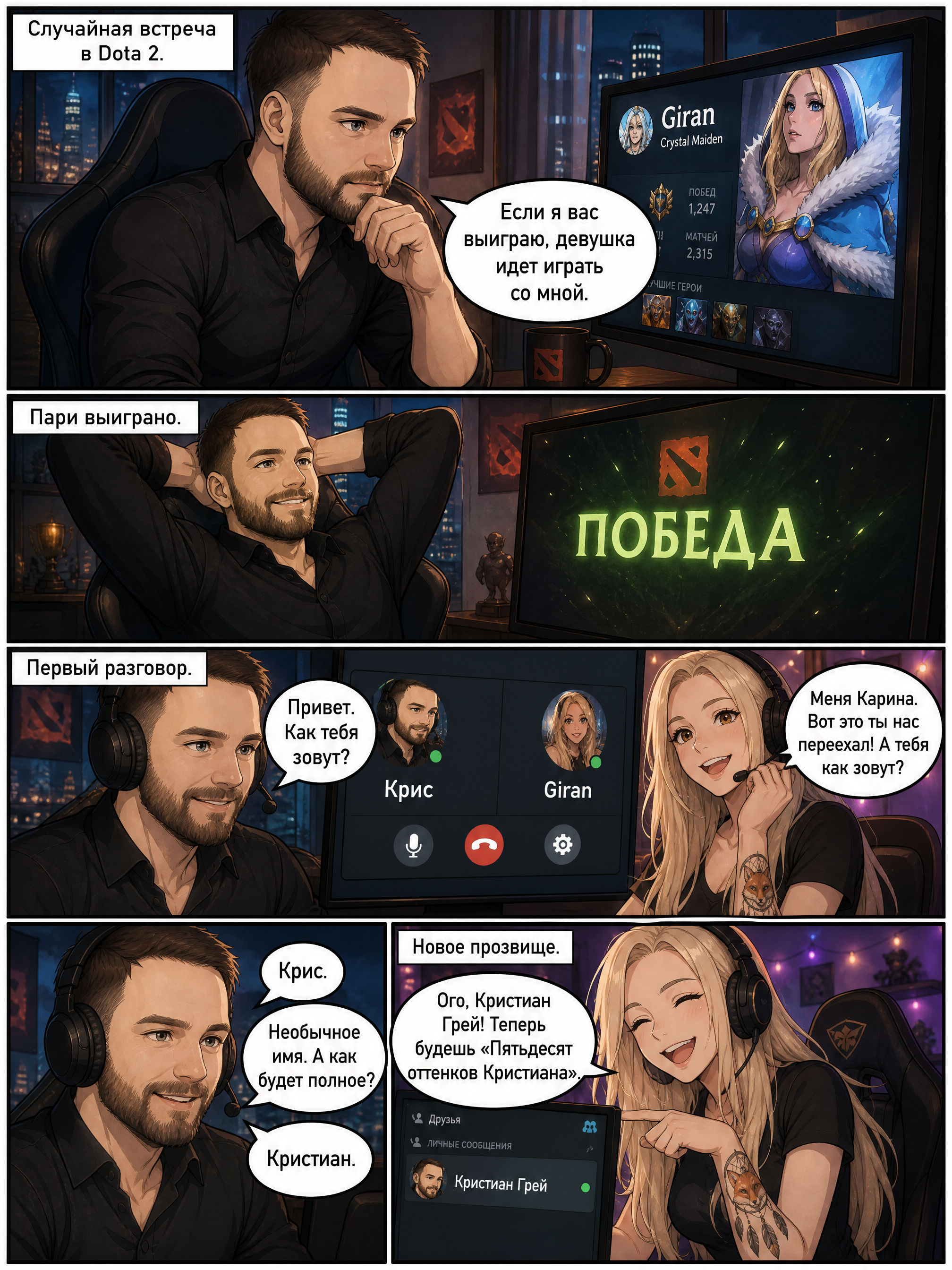 Аниме-арт персонажей Кристиана и Карины, познакомившихся через игру в Dota 2. Страница 1