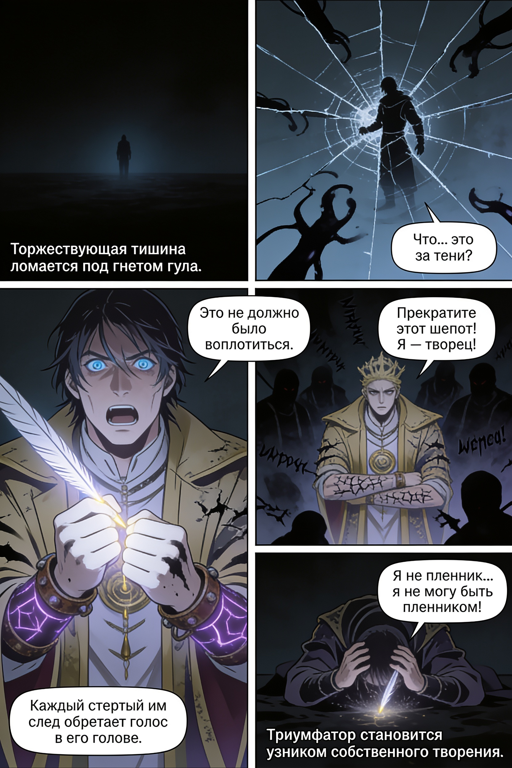 Опальный маг в кандалах держит светящееся магическое перо, готовый переписать судьбу. Страница 4