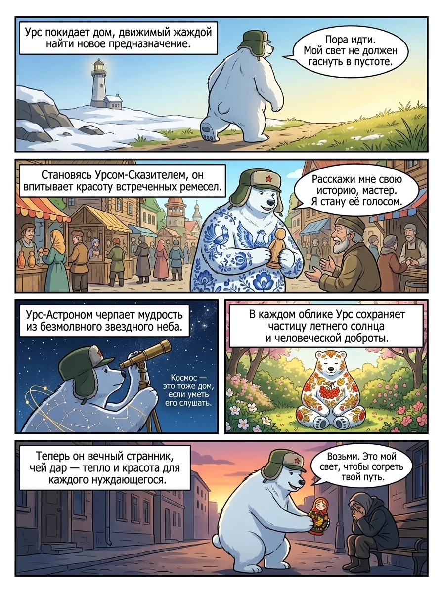 Белый медведь Урс в теплой шапке-ушанке смотрит на океан у старого маяка. Страница 2