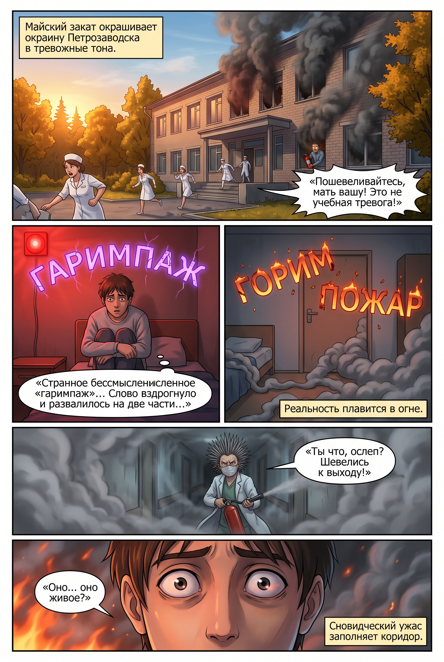 Аниме-сцена пожара в палате психиатрической больницы с пациентом Мэлором и врачом. Страница 1