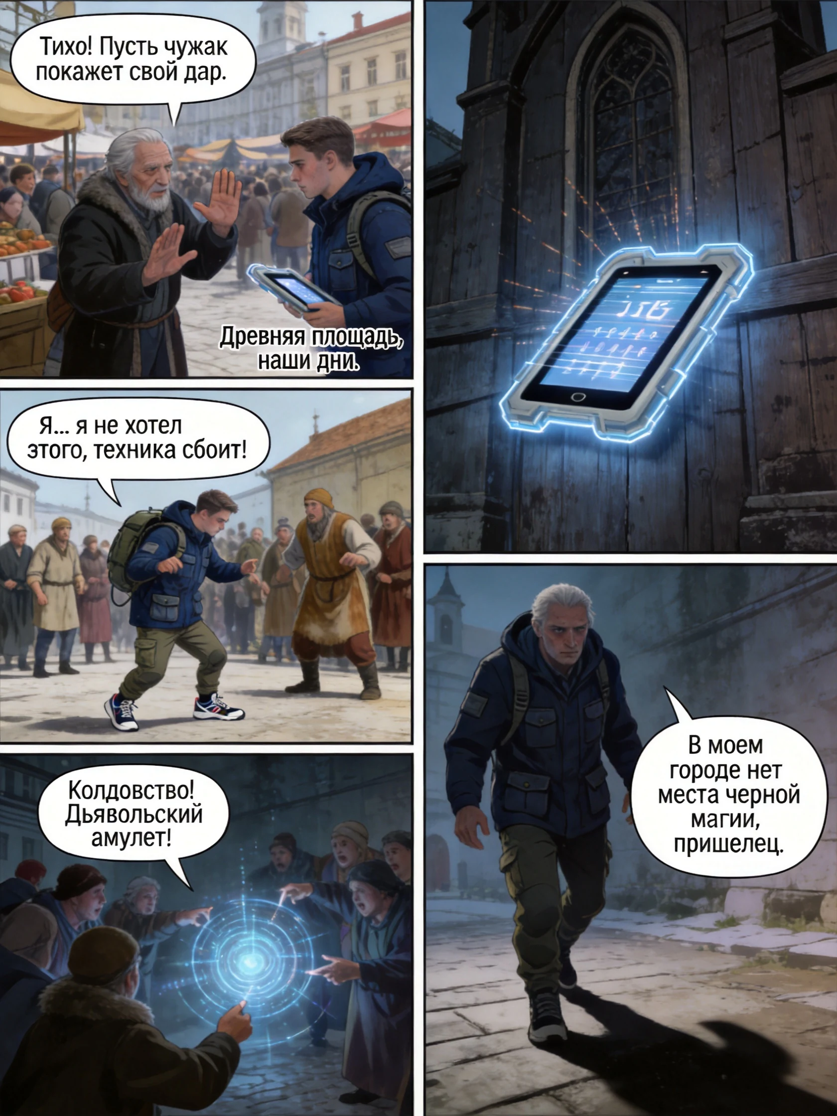 Главный герой комикса молодой человек с планшетом в футуристичной одежде на фоне исторических событий. Страница 2