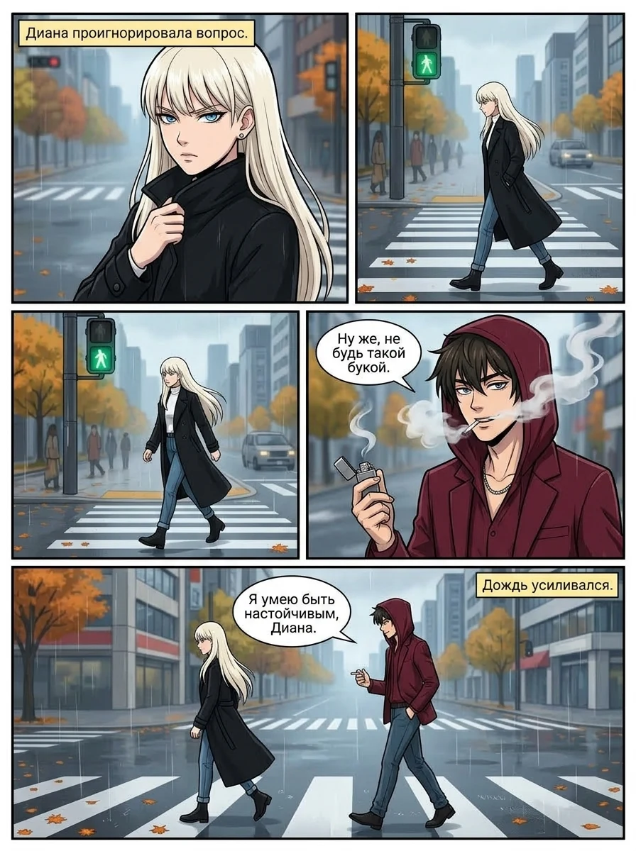 Девушка в черном плаще и парень в бордовом худи знакомятся на осеннем переходе под дождем. Страница 2