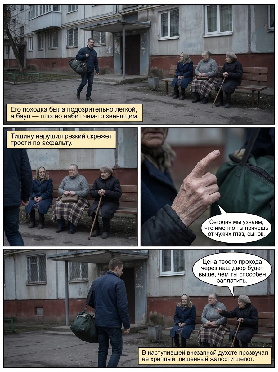 Три пожилые женщины пристально наблюдают за прохожими, сидя на обшарпанной лавке у подъезда.. Страница 2