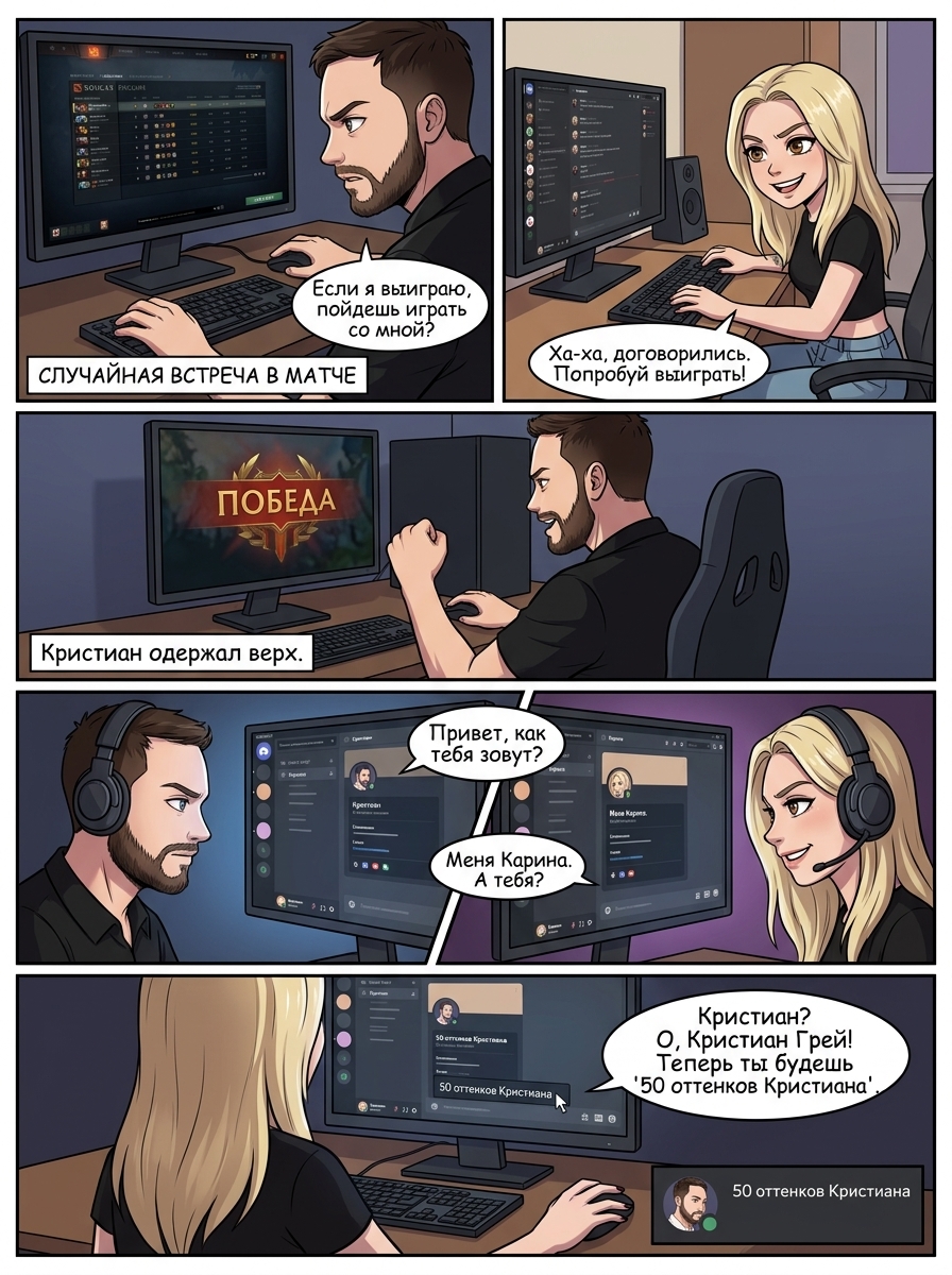 Романтический аниме-комикс: парень и девушка общаются в Discord после матча в Dota 2. Страница 1