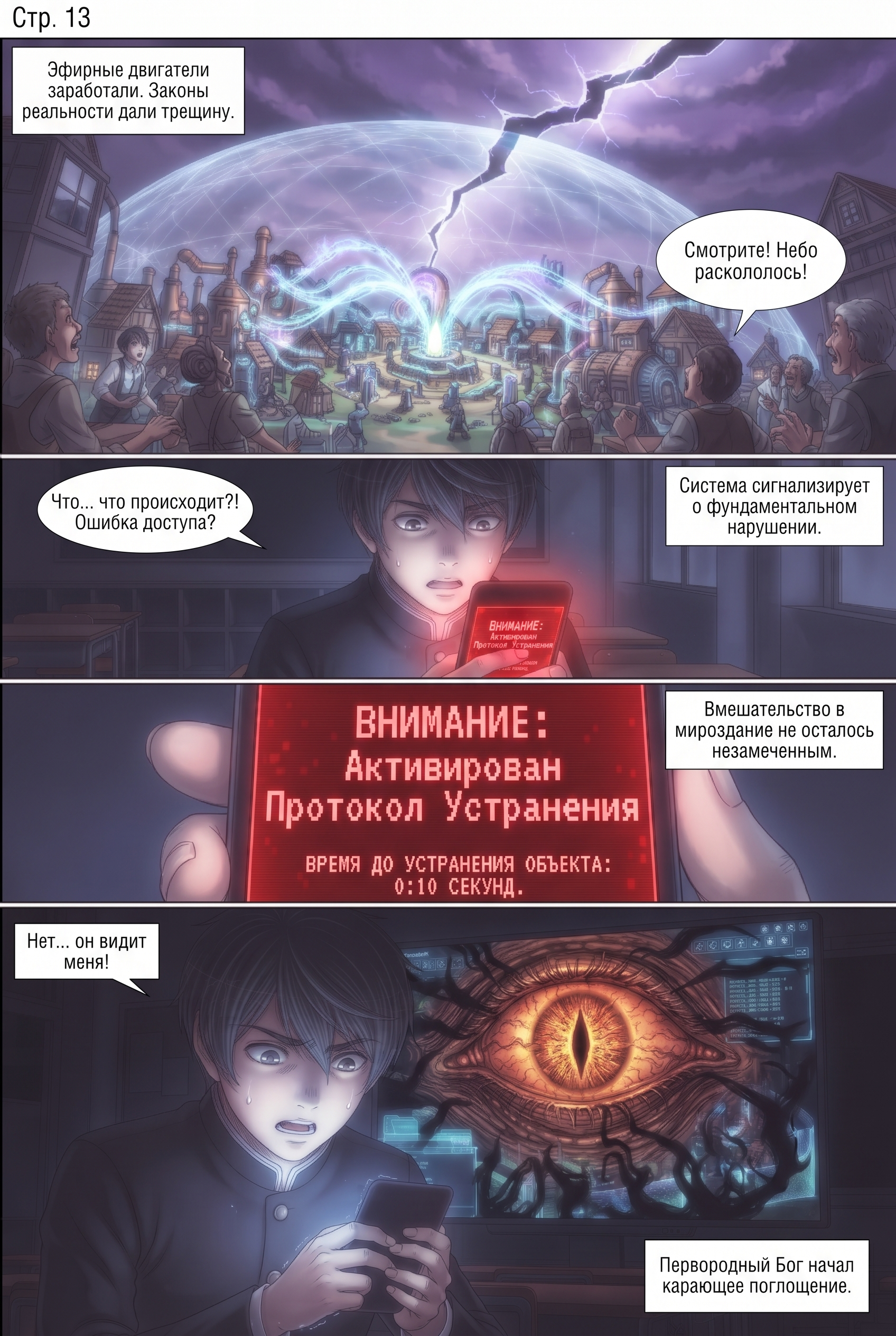 Юки Сакурадзава со смартфоном в руках на фоне школьного класса в стиле манга. Страница 13