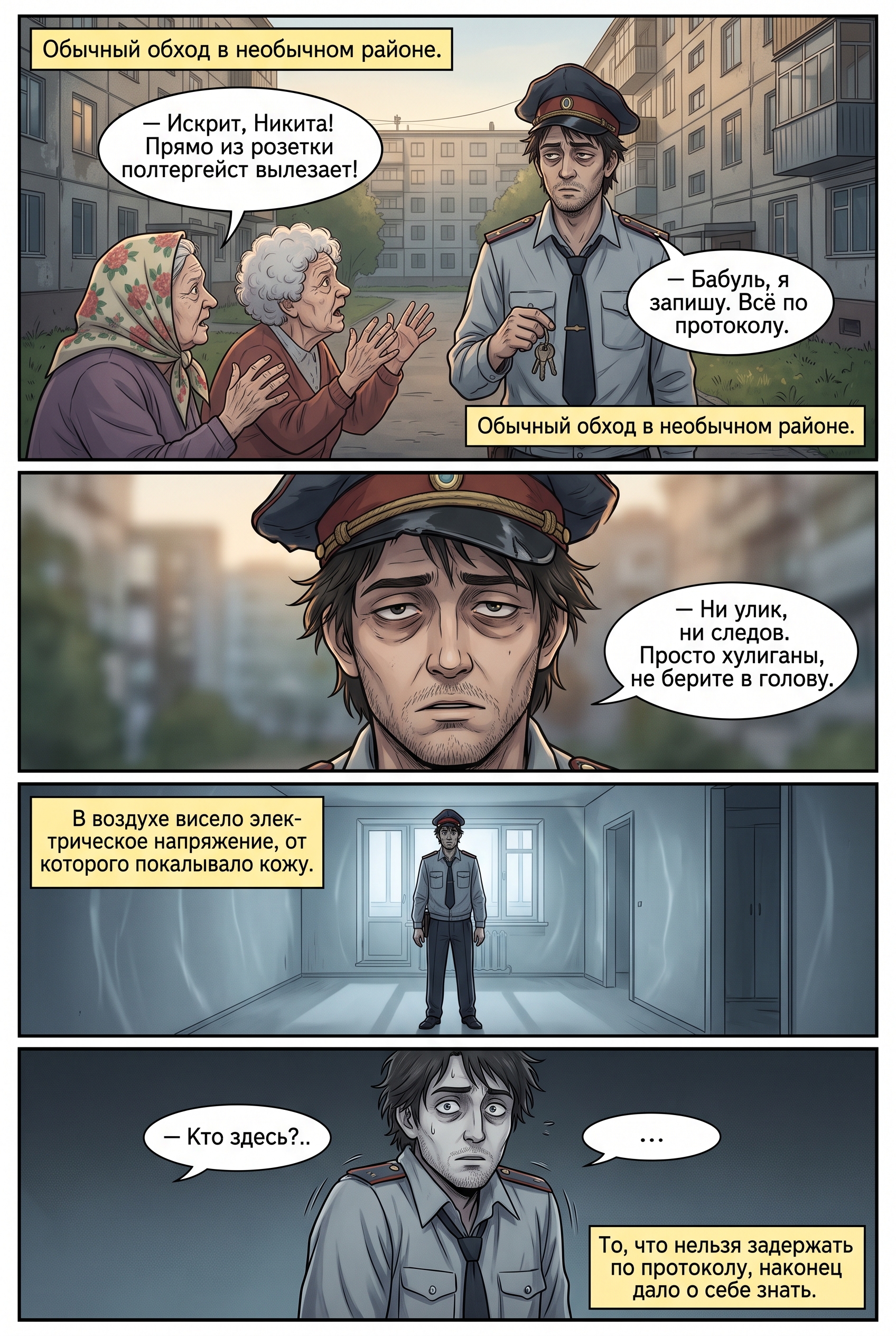 Аниме-арт: уставший участковый в помятой фуражке на фоне темного подъезда многоэтажки. Страница 1