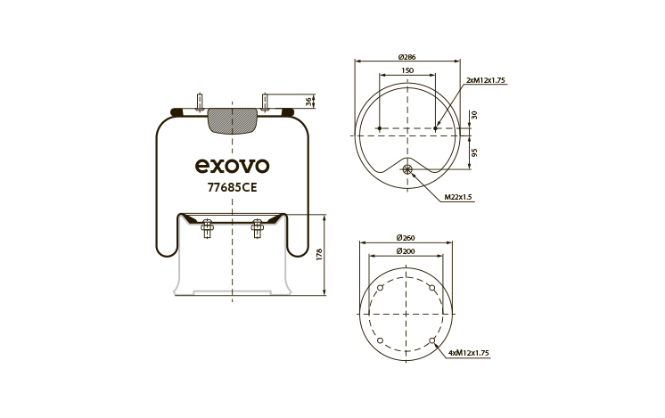 Пневморессора м/стак. верх 2шп.М12 смещ.30 1отв-шт.М22 низ 4отв.М12 SP559285K01