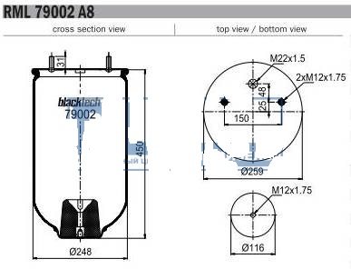 Пневморессора б/стак. H472, 2шп. M12, 1отв. штуц. M12, М22х1.5  SK4157P01 Пневморессора б/стак. H472, 2шп. M12, 1отв. штуц. M12, М22х1.5  SK4157P01