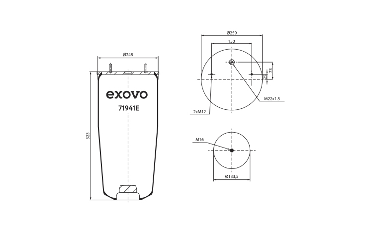 Пневморессора б/стак h523 2шп.M12смещ.25. 1отв.штуц.M22, 1шп.M16  SP55941 Пневморессора б/стак h523 2шп.M12смещ.25. 1отв.штуц.M22, 1шп.M16  SP55941
