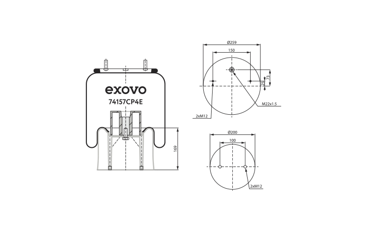 Пневморессора п/стак. H472, 2шп. M12, 1отв. штуц. M12, М22х1.5  74157CP4E