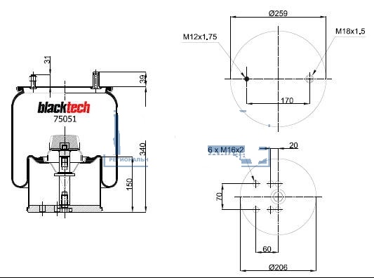 Пневморессора м/стак  SP554940KP Пневморессора м/стак  SP554940KP
