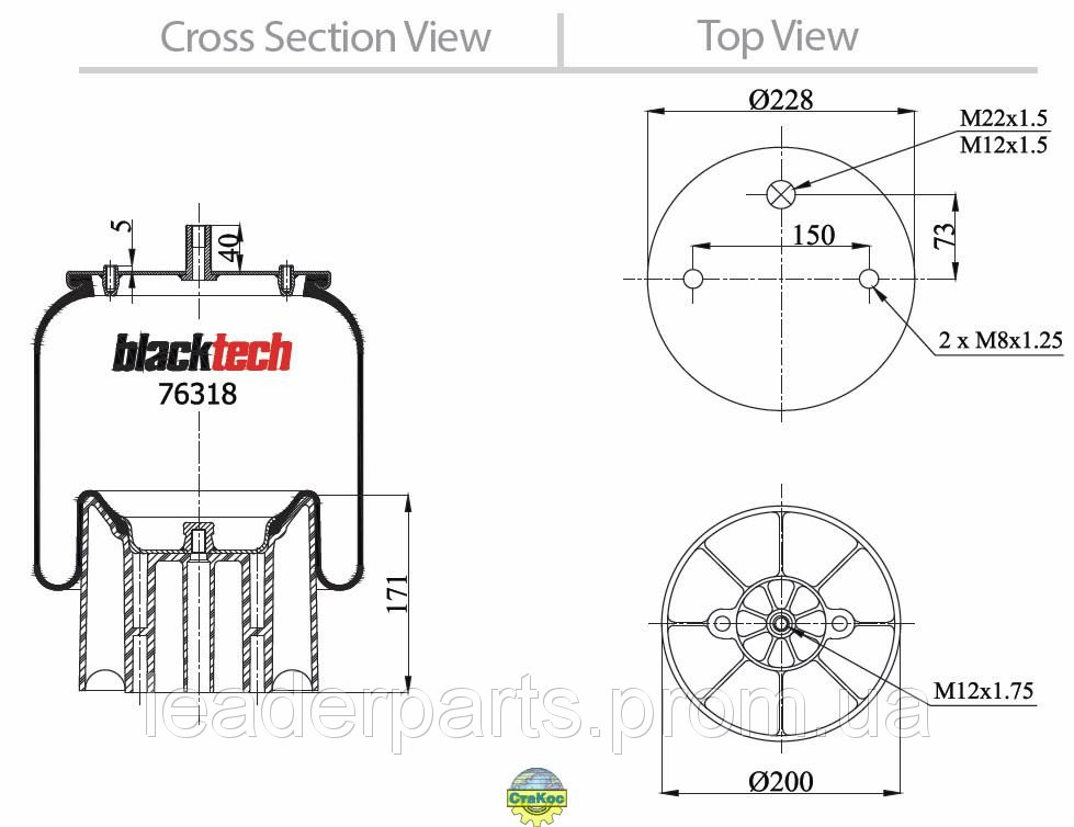 Пневморессора п/стак.  2 отв. М8x1,25/1 отв. М22x1,5/М12x1,5  76318CPE
