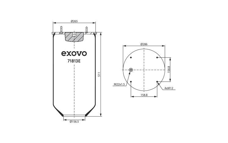 Пневморессора б/стак. H420 4шп. M12, 1отв. M22 с отверстием  71813E