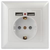 Розетка Intro Solo 4-410-06 с заземлением P+E Schuko со шторками, 16А-250В + 2хUSB, IP20, СУ, перламутр