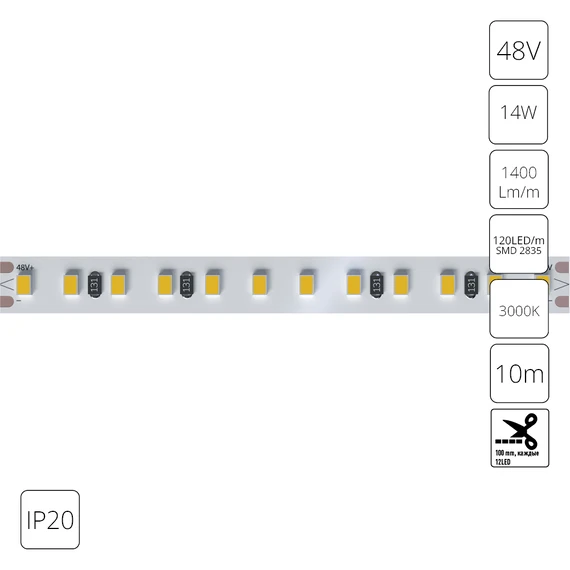 Светодиодная лента 48V 14,4W/m 3000К 10м IP20 Arte Lamp TAPE A4812010-07-3K