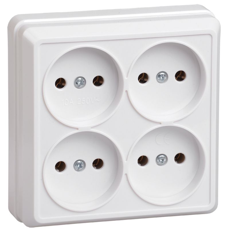 Розетка 4-местная для открытой установки РС24-2-ОБ без заземляющего контакта 10А ОКТАВА белый IEK