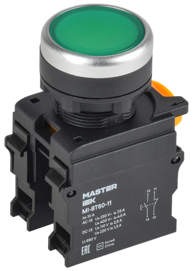 Кнопка d=22мм 1NO+1NC зелёная MASTER IEK