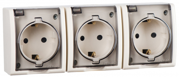 Розетка тройная 2Р+Е Schuko со шторками с крышкой полупр.  IP54  16А 250В  винт.зажим  S15A  слонова