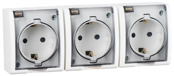 Розетка тройная 2Р+Е Schuko со шторками с крышкой полупр.  IP54  16А 250В  винт.зажим  S15A  белый