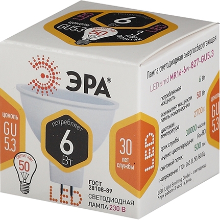 Лампочка светодиодная ЭРА STD LED MR16-6W-827-GU5.3 GU5.3 6Вт софит теплый белый свет (размер кор.)