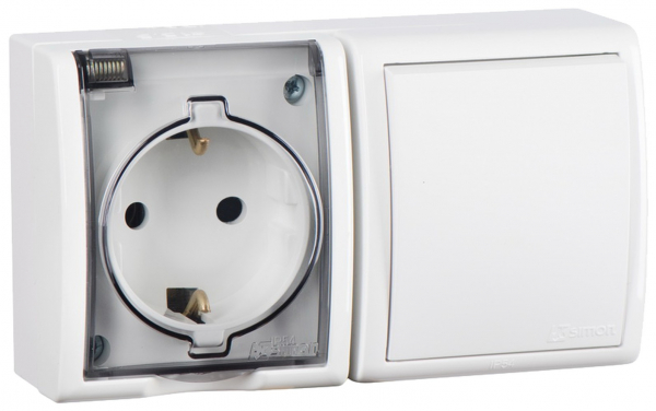 Блок  розетка 2P+E Schuko 16А 250В + выключатель 10А 250В  IP54  белый