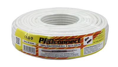 Кабель коаксиальный RG-6U, 75Ом, CCS/Al/Al, 48%, 50м, INDOOR, белый PROconnect