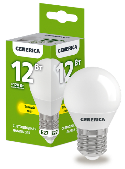 Лампа LED G45 шар 12Вт 230В 3000К E27 GENERICA