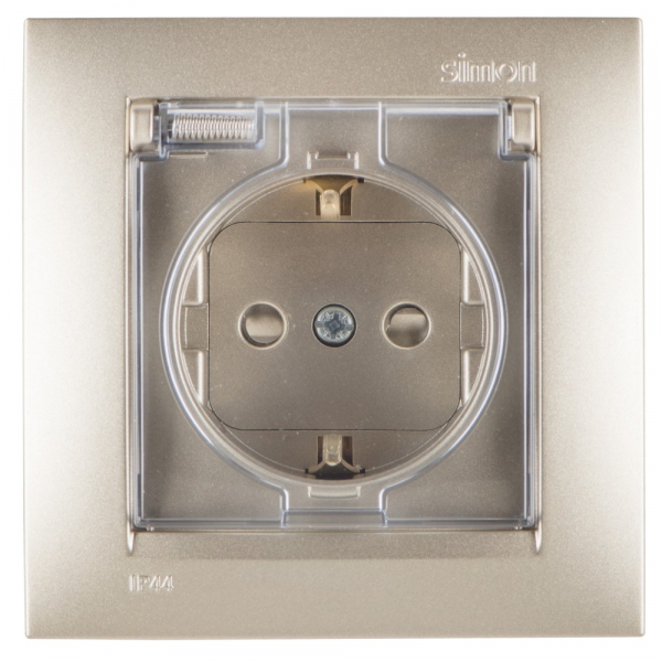 Розетка 2Р+Е Schuko  со шторками  с крышкой  IP44  16А  250В  винтовой зажим  шампань