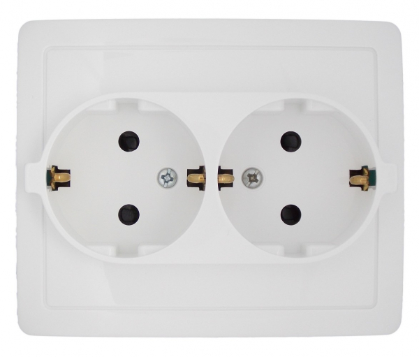 Розетка двойная 2*2Р+Е Schuko  со шторками  IP44  16А  250В  винтовой зажим  белый