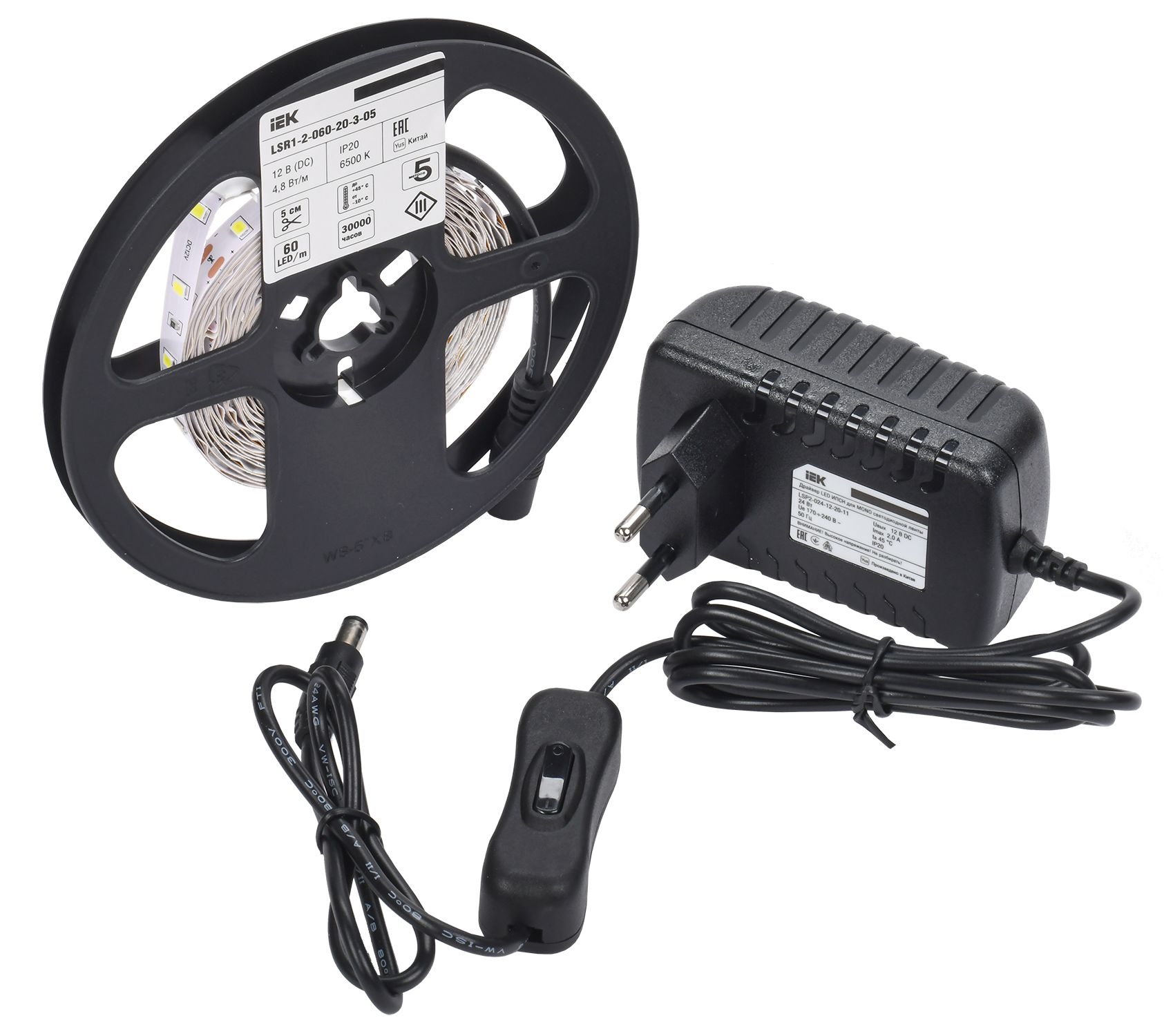 Комплект светодиодной подсветки "Сделай сам" (лента LED 5м LSR-2835W60-4,8-IP20-12В + драйвер + выключатель) IEK