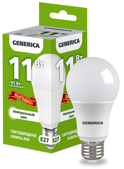 Лампа LED A60 груша 11Вт 230В 4000К E27 ПРОМО GENERICA