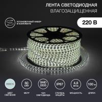 Лента светодиодная 220В, SMD2835, 60 LED/м, Холодный белый, 10х7мм, 100м, с кабелем питания, IP67 NEON-NIGHT