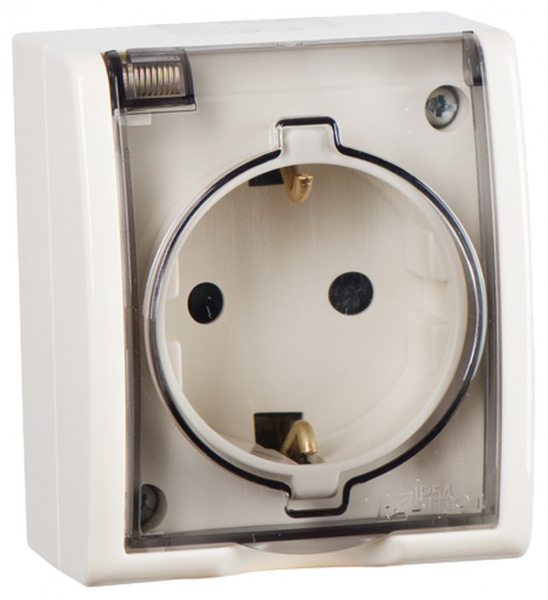 Розетка 2Р+Е Schuko со шторками с крышкой полупр.  IP54  16А 250В  винтовой зажим  S15A слоновая кос