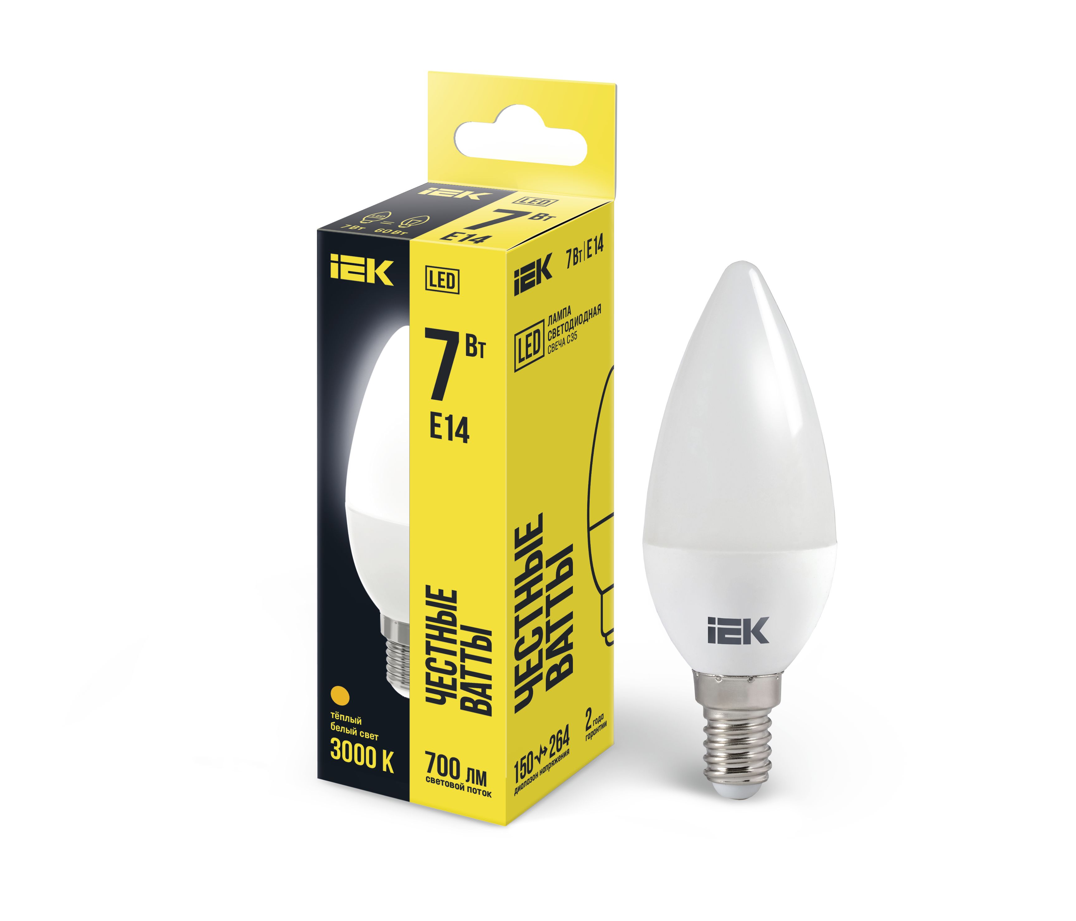 Лампа светодиодная C35 свеча 7Вт 230В 3000К E14 IEK