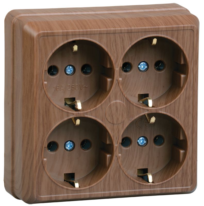 Розетка 4-местная для открытой установки РС24-3-ОД с заземляющим контактом 16А ОКТАВА дуб IEK