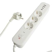 Сетевой фильтр 3-местный с/з STEKKER 3x1мм2, 1,8 м, 250В, 16А, 2 USB-A+2 Type-C, серия Nova, белый